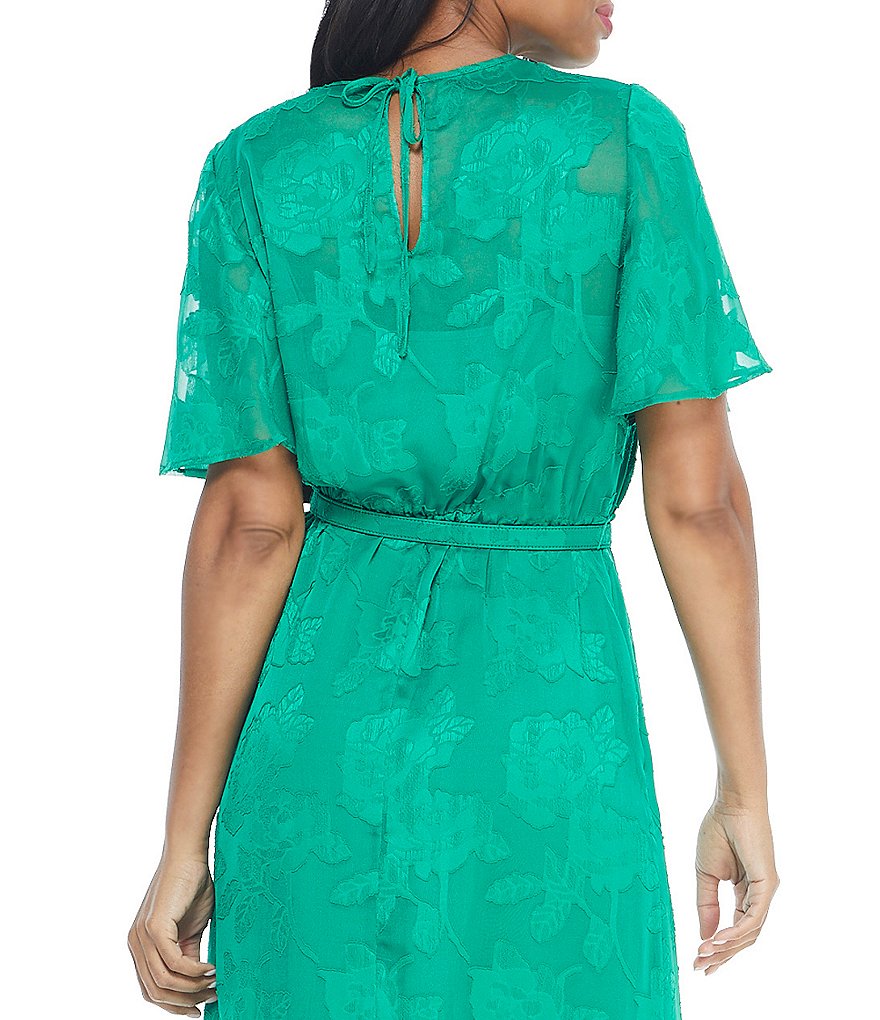 Maggy London Petite Size Tonal Floral Flutter Sleeve Ruffled Hi-Low Hem A-Line Midi Dress