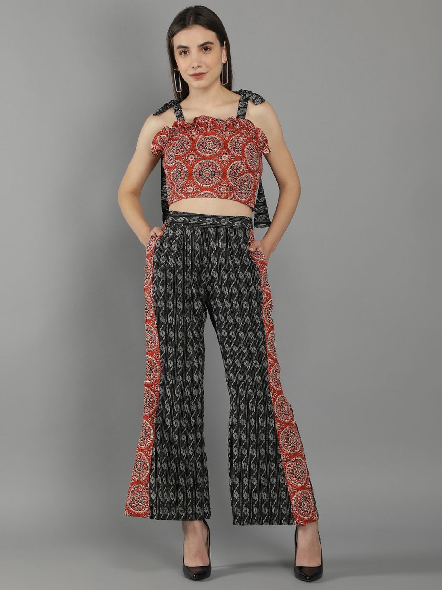 KAORI BY SHREYA AGARWAL Rust & Black Cotton Printed Crop Top Palazzo Set