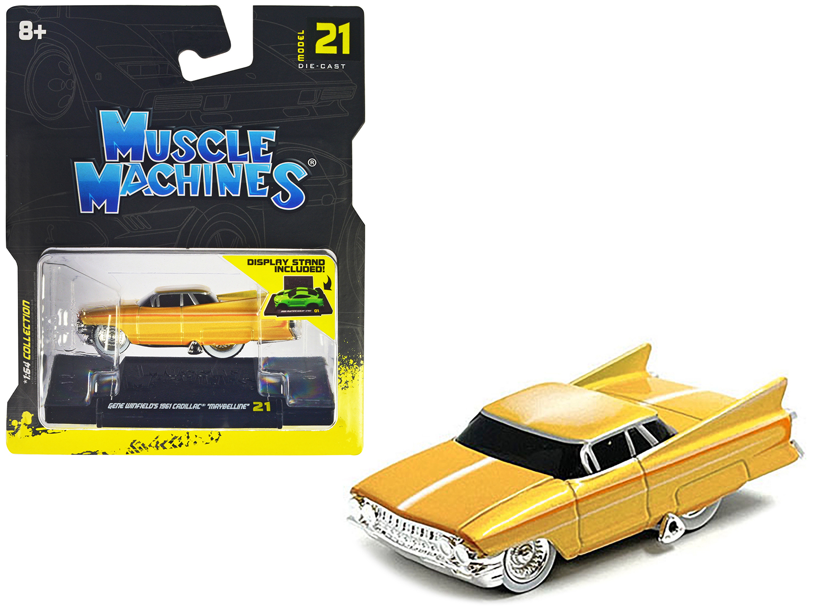 Gene Winfield&rsquo;s 1961 Cadillac Maybelline Yellow Metallic with White Stripes 1/64 Diecast Model Car by Muscle Machines