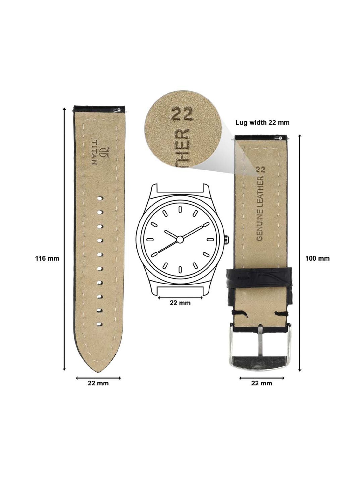 Titan 22 mm Black Genuine Leather Strap for Men