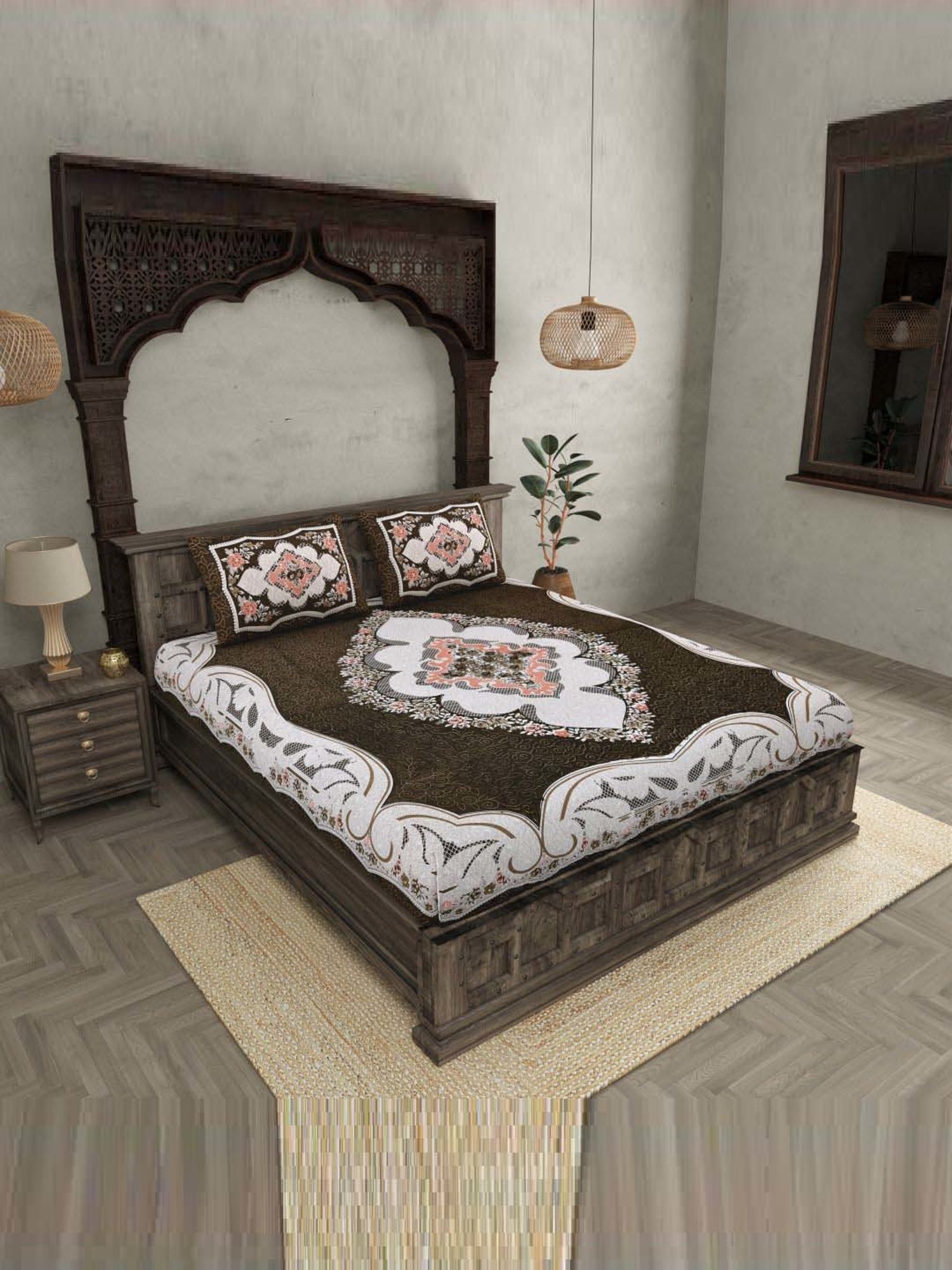 JaipurFabric Grey 240 TC 100% Cotton The Grand Sion Double Bedsheet with 2 Pillow Covers