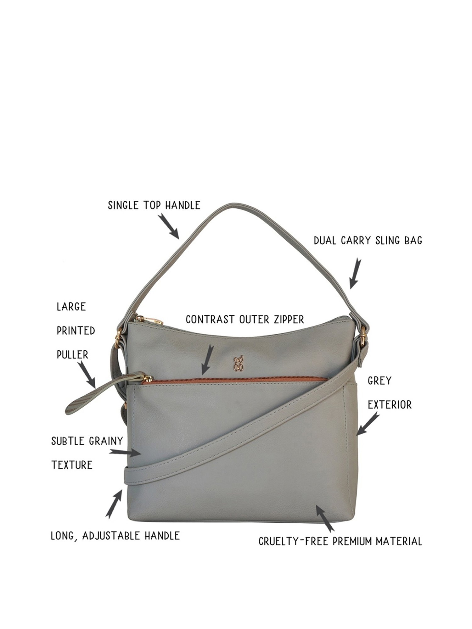 Baggit Grey Solid Medium Hobo Handbag