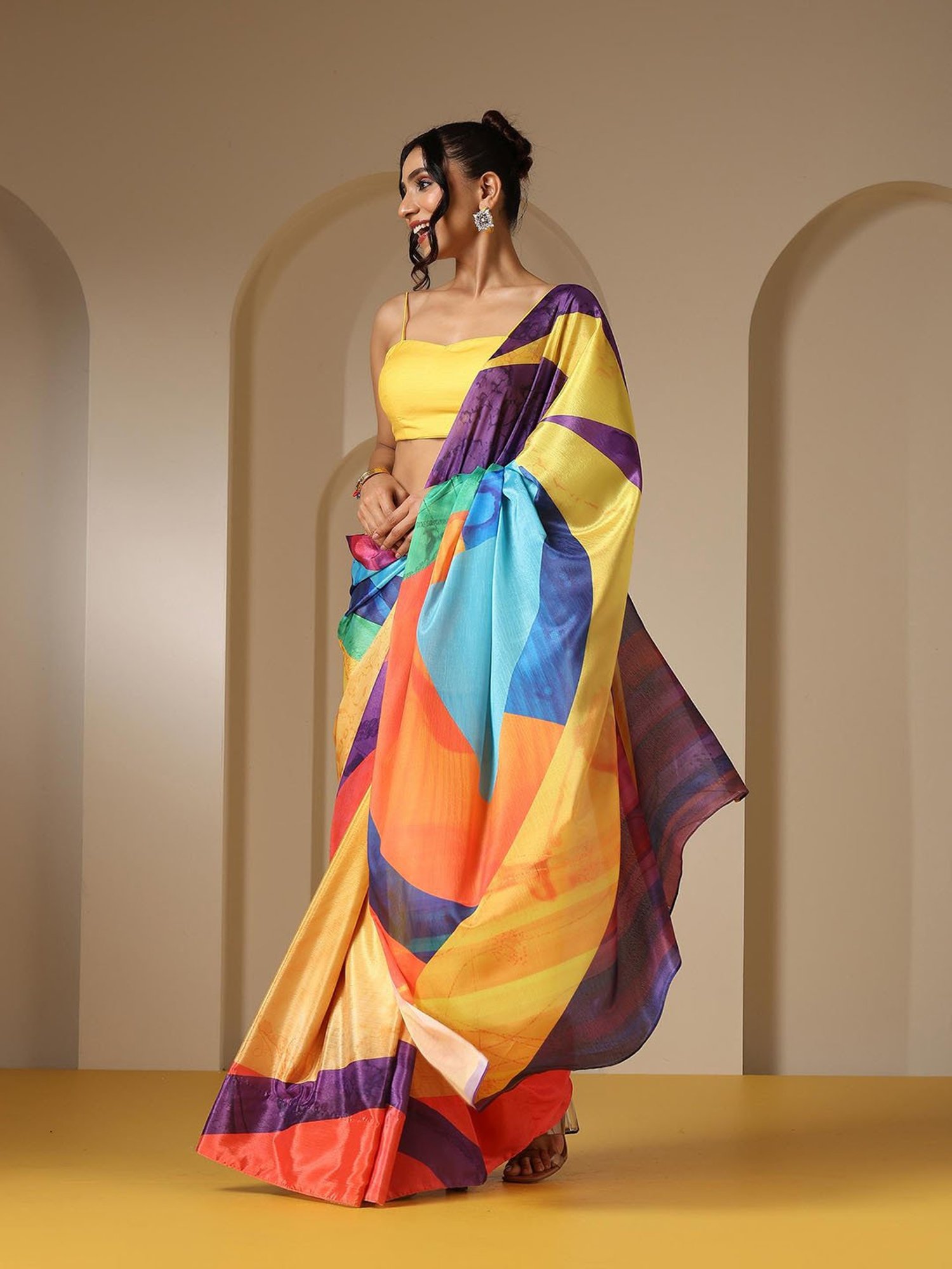 Swtantra Multicolor Printed Viscose Chinon Saree With Unstitched Self Blouse