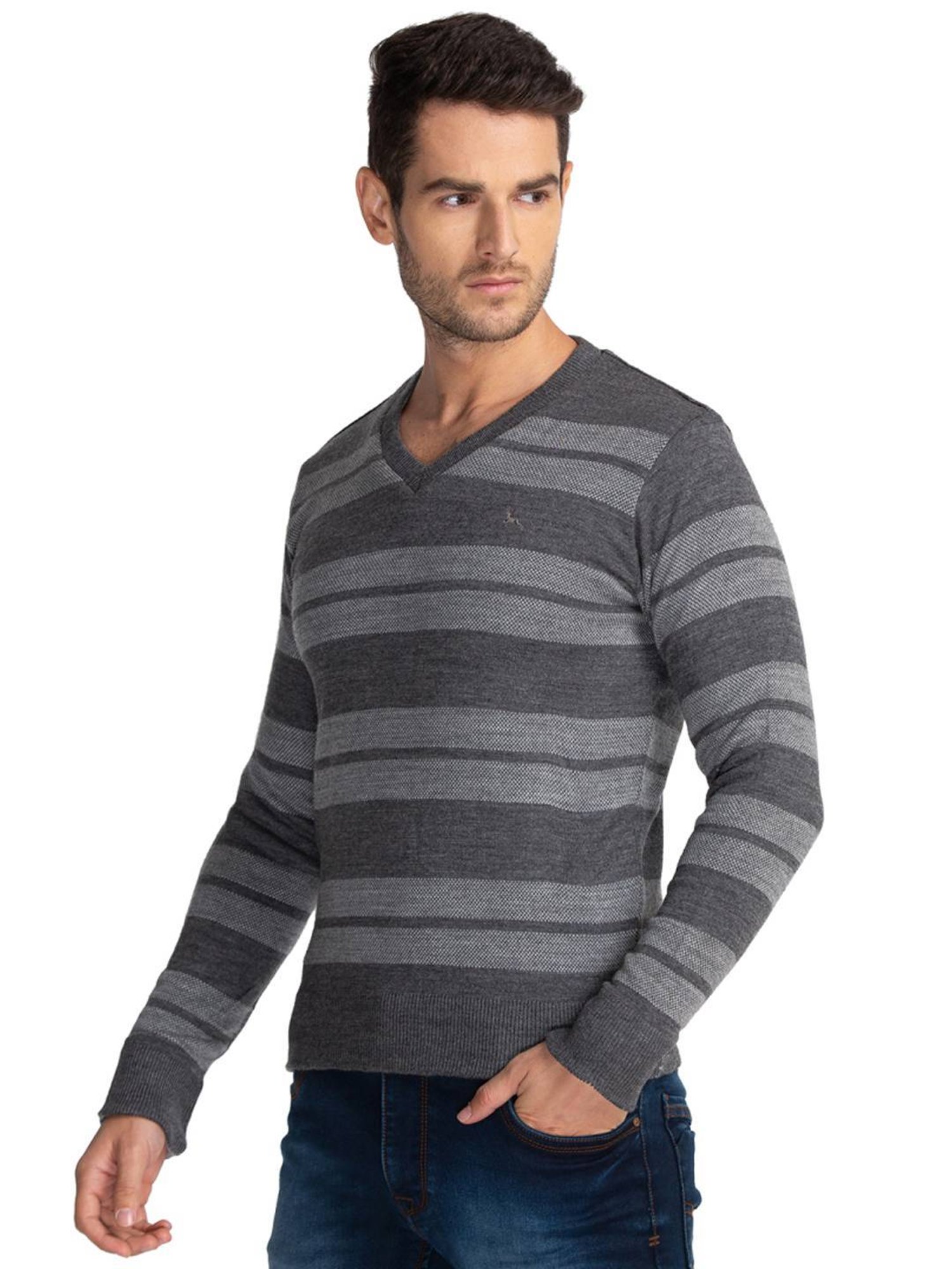 Parx Grey Regular Fit Striped Sweaters