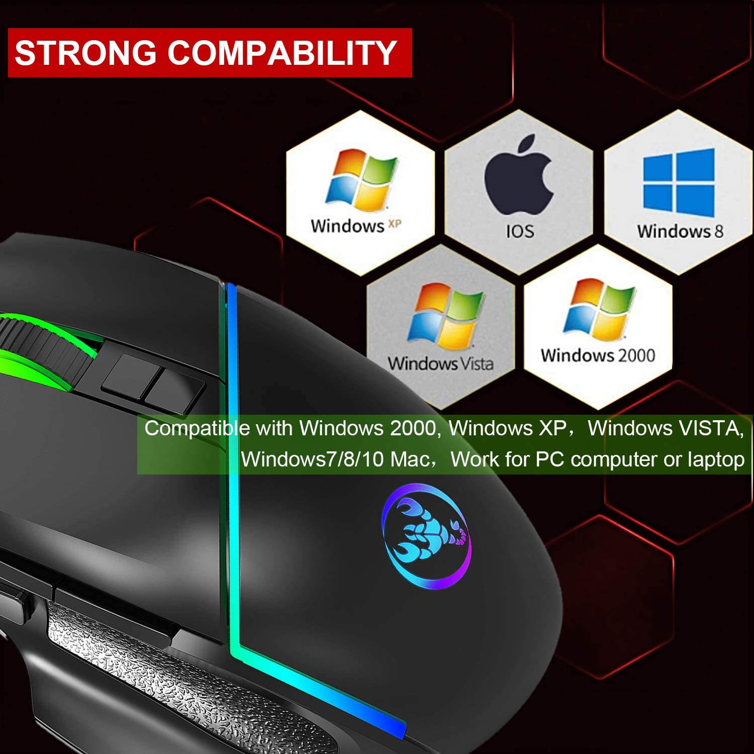 Wired Gaming Mouse, Ergonomic USB Computer Mouse with Colorful Breathing Lights & 6400 Adjustable DPI, 7 Buttons RGB Gaming Mice for Windows 2000, Windows XP, Windows Vista,Windows7/8/10 Mac (Black)