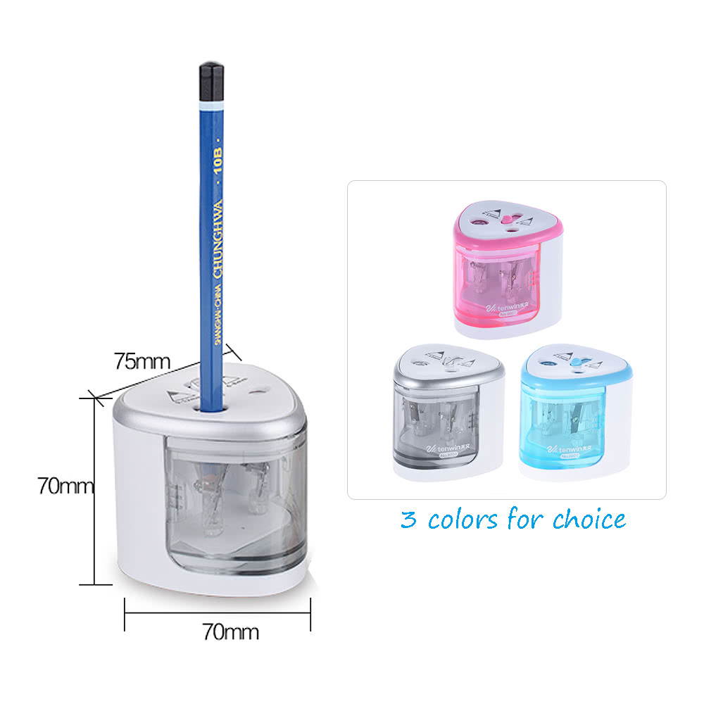 Multi-functional Automatic Electric Pencil Sharpener Battery Operated with 2 Holes(6-8mm / 9-12mm) for Home School Student Sliver