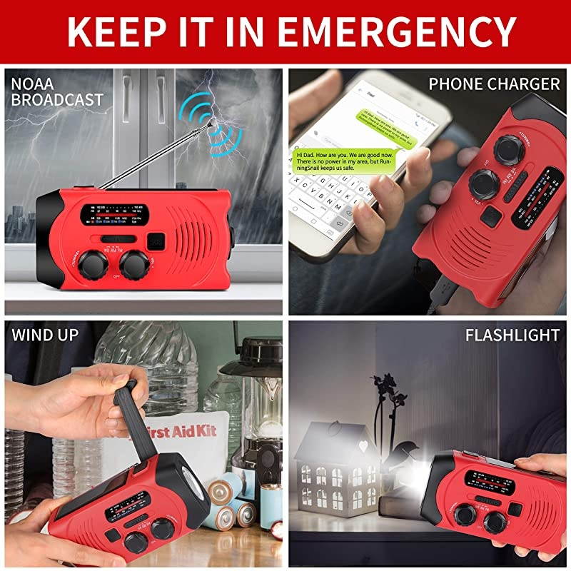 Upgraded Version]  Emergency Weather AM/FM NOAA Solar Powered Wind up Radio with SOS, 2000mAh Power Bank for Cell Phone and LED Flashlight (Red)