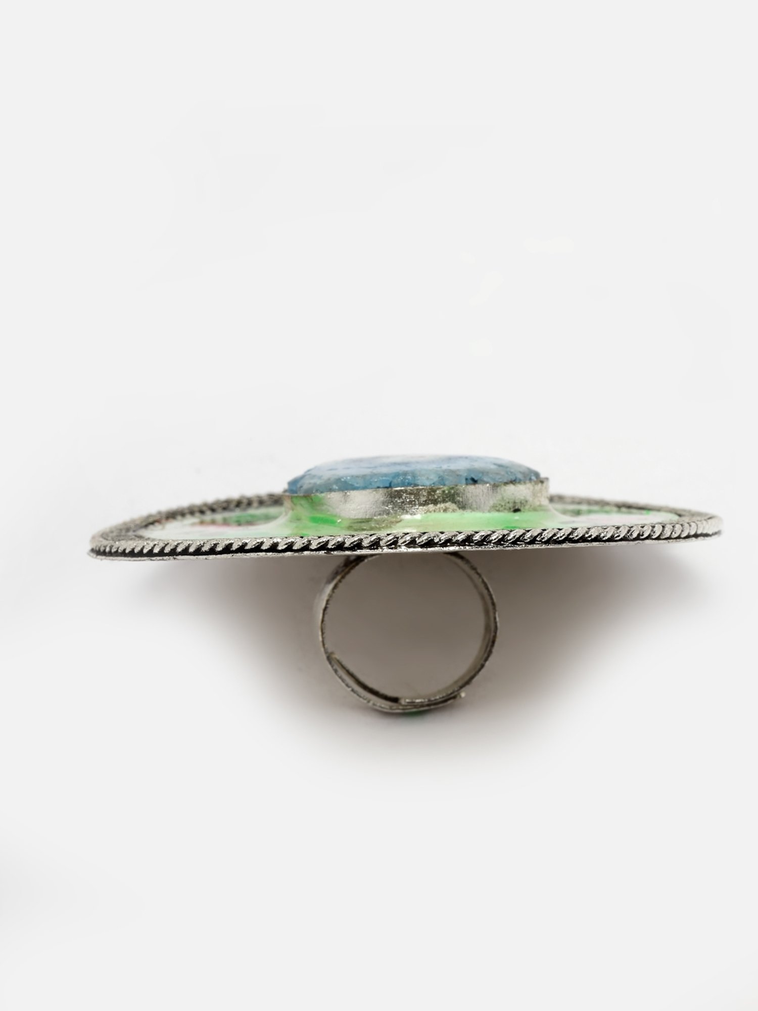 Moedbuille Agate Studded Handpainted Meenakari Floral Design Oxidised Silver Plated Finger Ring