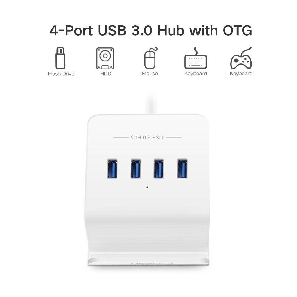 4 Port USB 3.0 OTG Data Hub Adapter with Micro USB 2.0 On-The-Go Function Built-in 3.3ft Cable and Phone Stand for Samsung Galaxy S7 S6 S6 Edge S5 S4 and More OTG Phones Tablets, PC or Mac