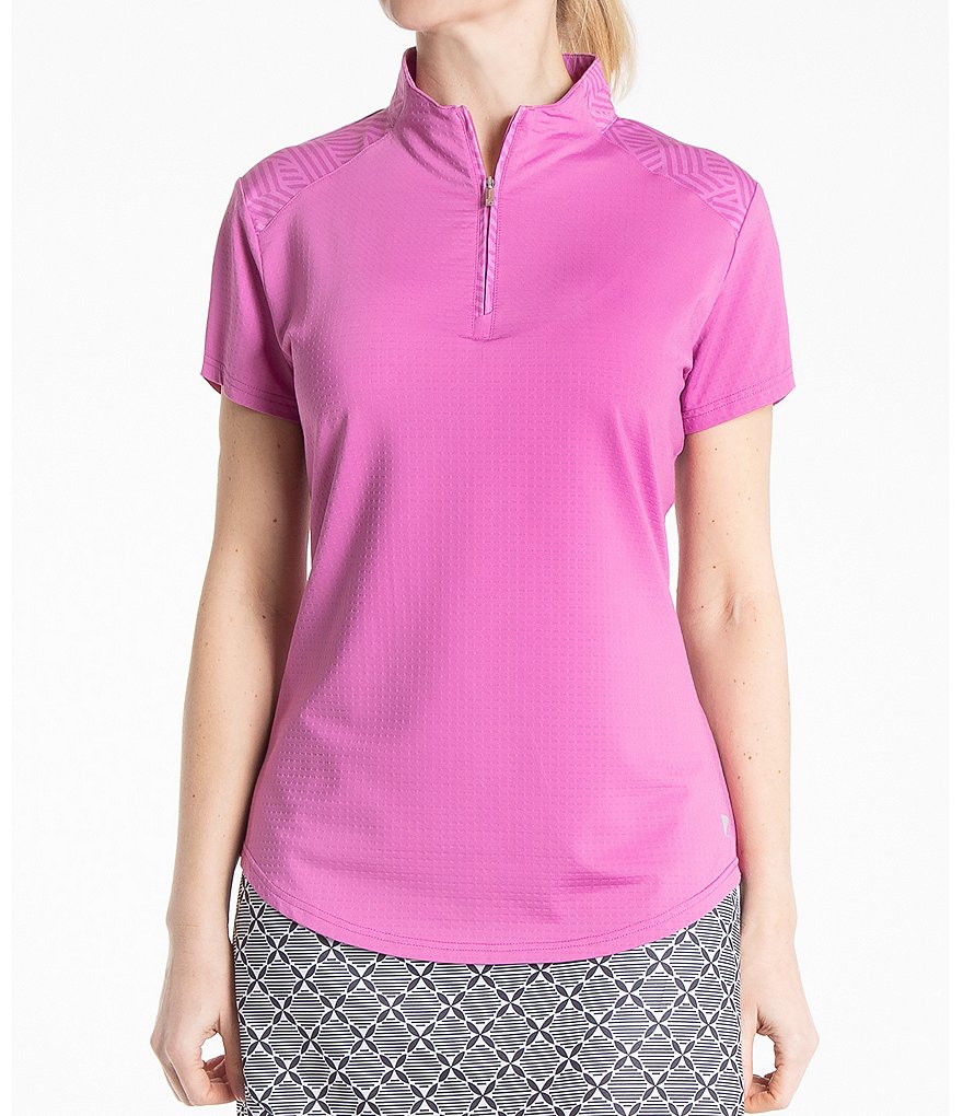 Bette & Court Short Sleeve Jacquard Print Block Funnel Neck Polo Top