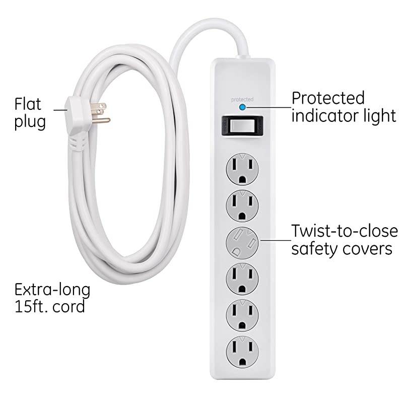6 Outlet Sur Protector 15 Ft Extension Cord Power Strip 800 Joules Flat Plug TwisttoClose Safety Covers White 50768
