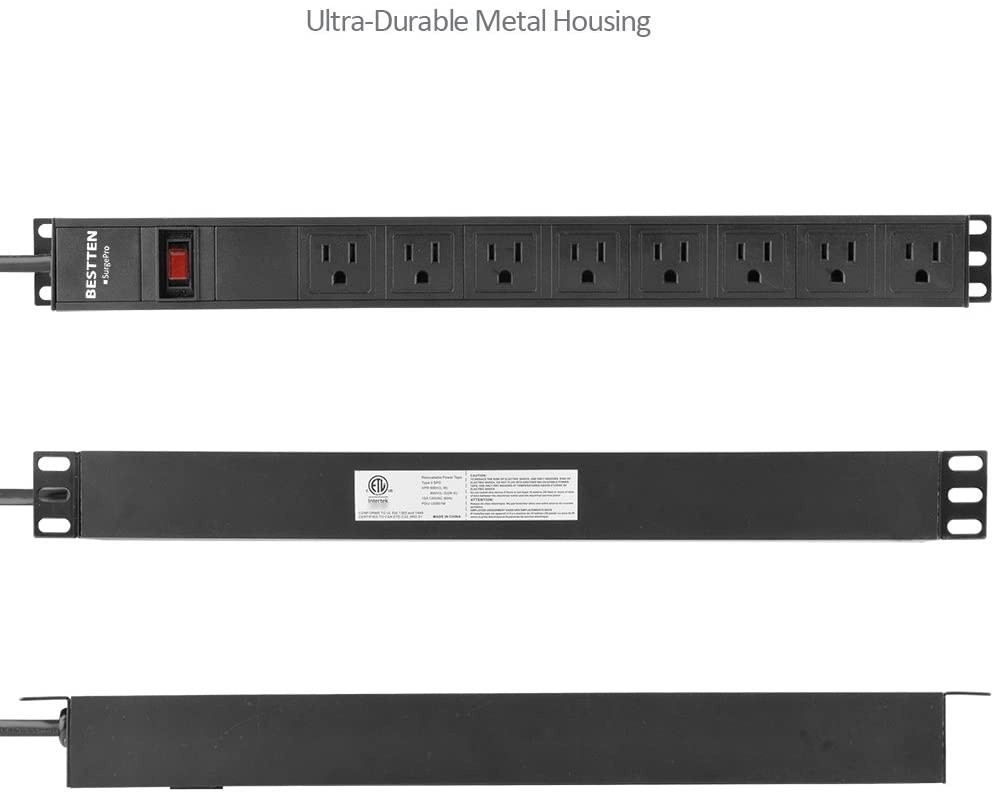 BESTTEN 1U PDU, 8-Outlet Metal Power Strip with 9ft Extension Cord and Surge Protector (900 Joules), 15A/125V/1875W, 19-inch Server Rack Mount Power Distribution Unit, ETL Listed