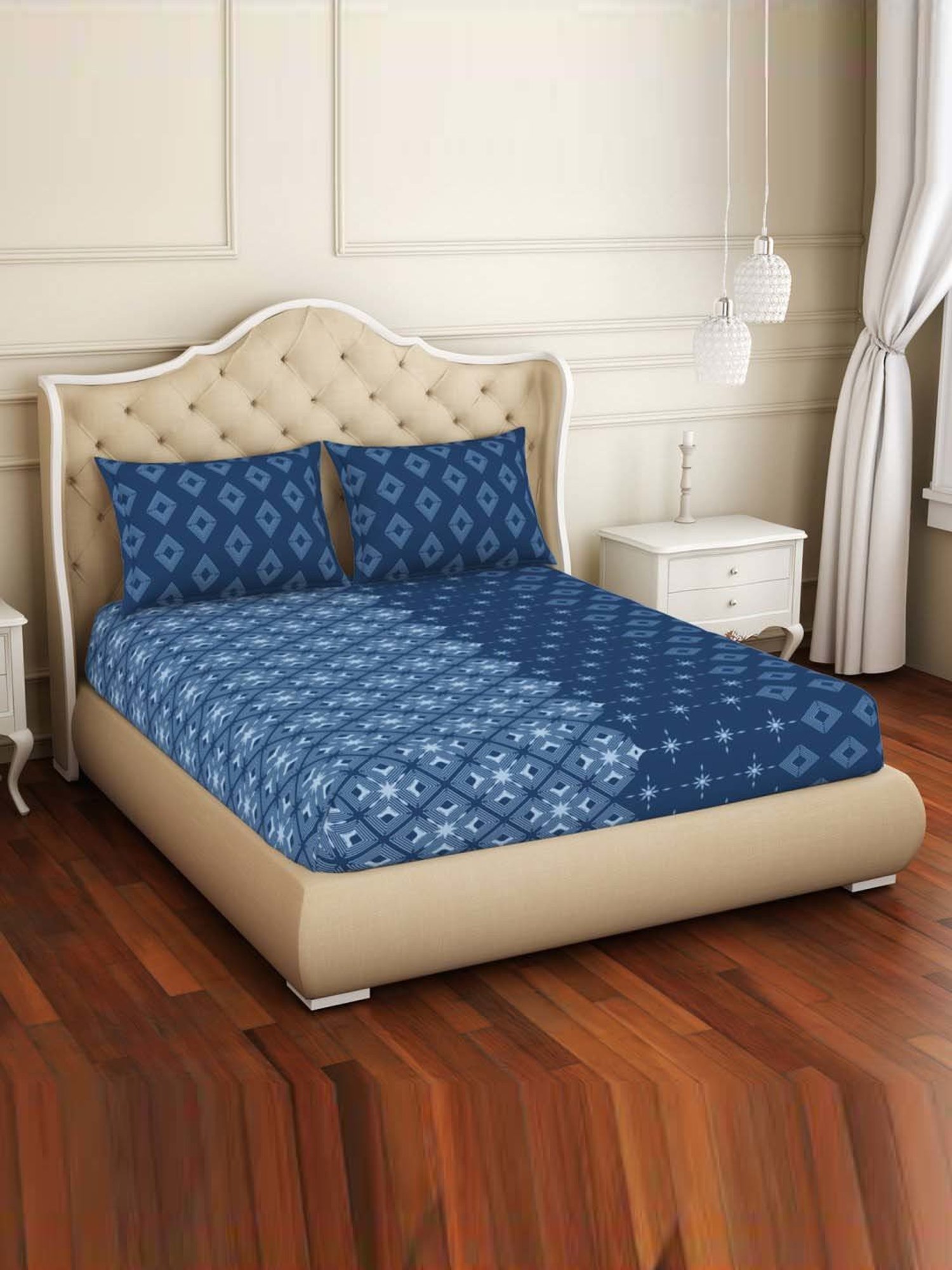 Welspun Lichen Blue Cotton  Double Size Bedsheet With Pillow Covers