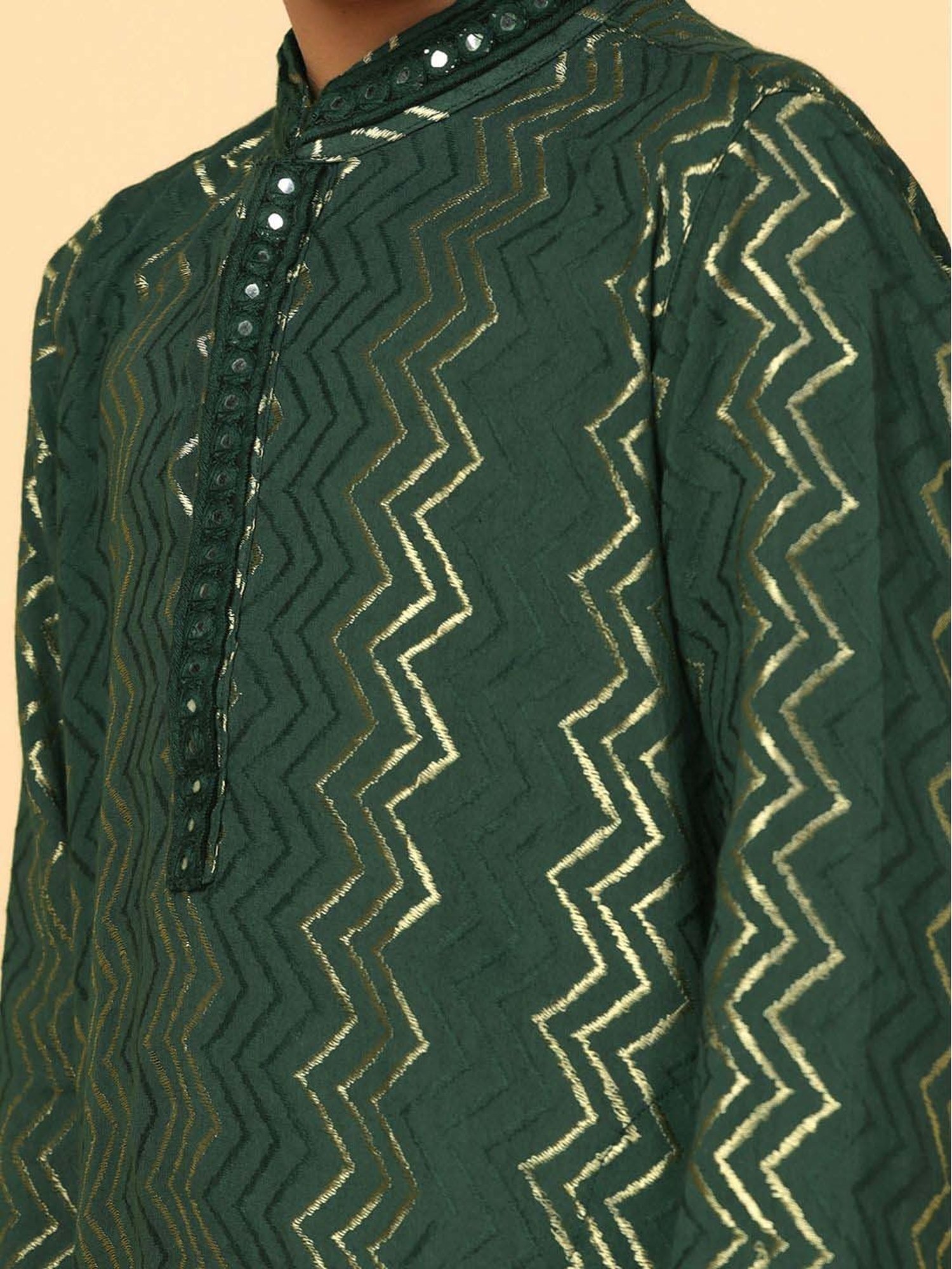 KISAH Kids Green & Golden Embroidered Full Sleeves Kurta Set