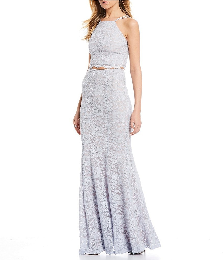 Sequin Hearts Spaghetti Strap Glitter Lace Trumpet Two-Piece Long Dress