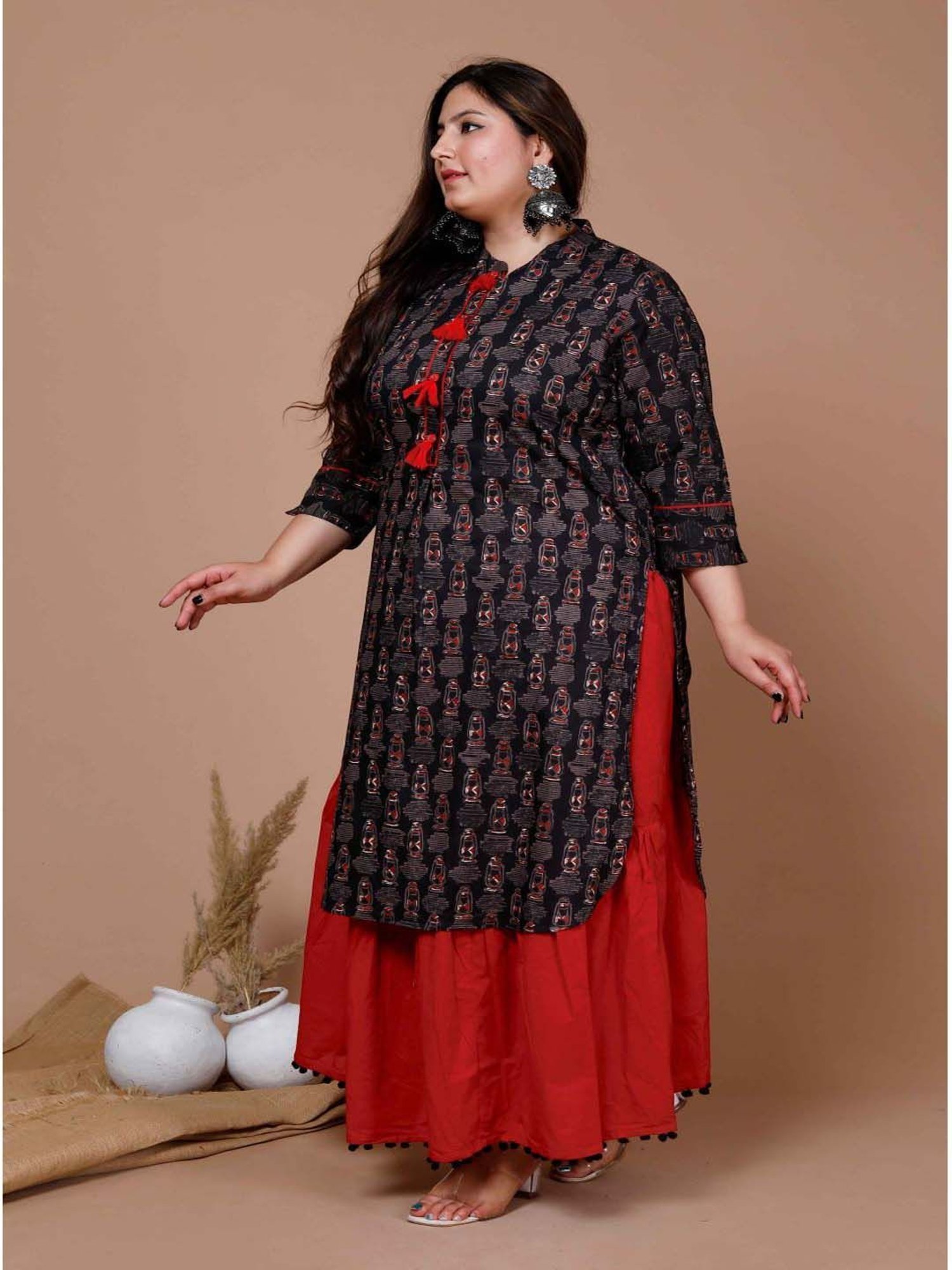 Miravan Black & Red Cotton Printed Kurta Palazzo Set