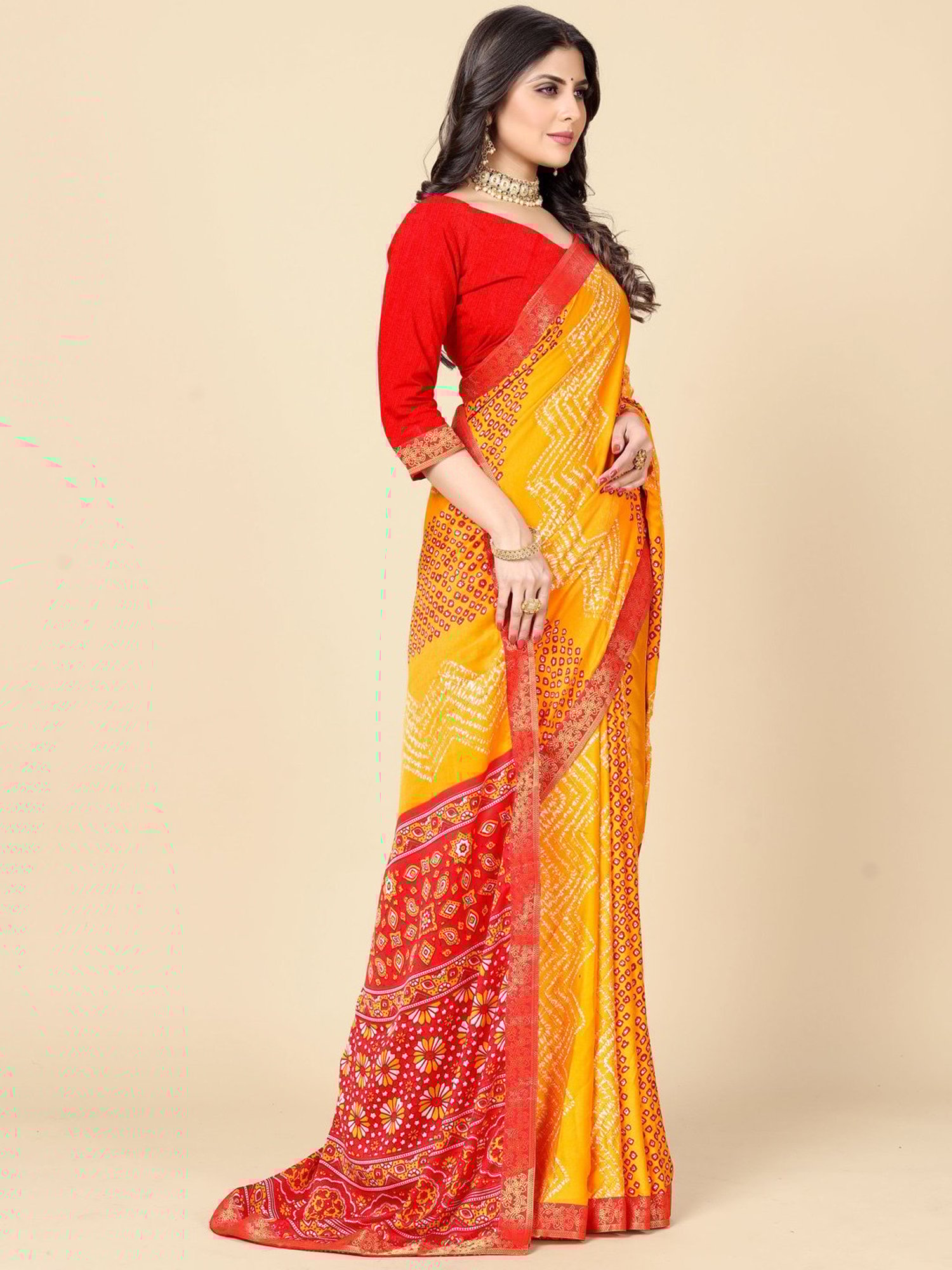 Rangita Yellow & Red Printed Saree With Unstitched Blouse