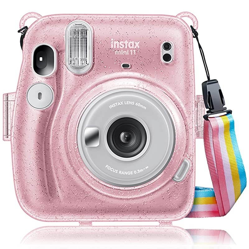 Protective Clear Case for Fujifilm Instax Mini 11 Instant Film Camera Crystal Hard PVC Cover with Removable Rainbow Shoulder Strap Glittering Pink
