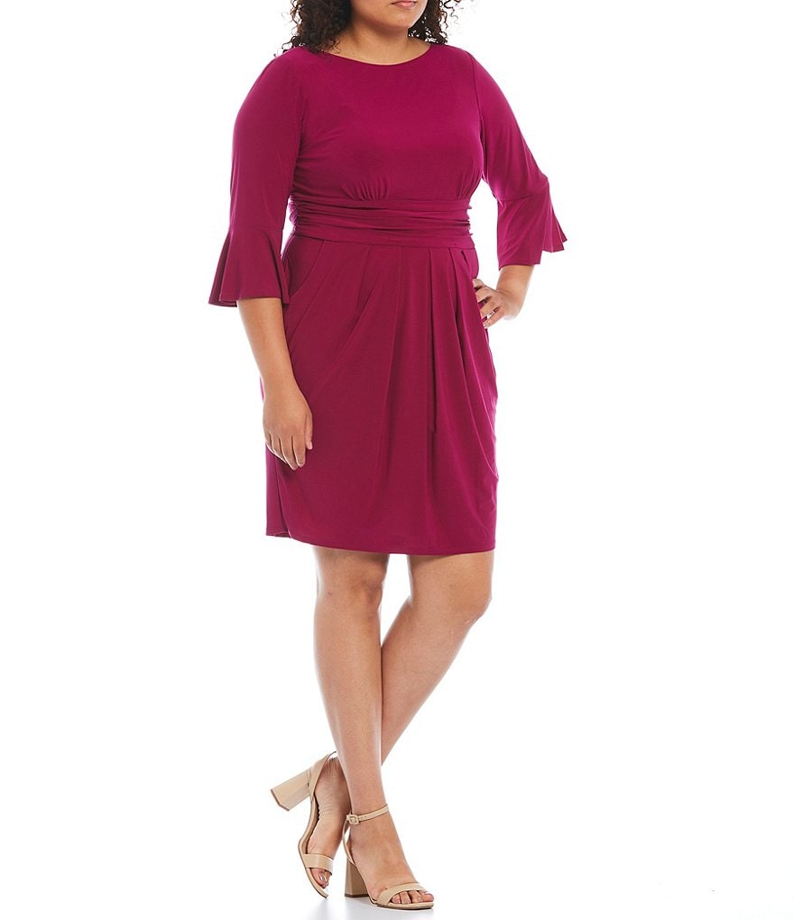 Eliza J Plus Size Boat Neck 3/4 Bell Sleeve Ruched Jersey Dress