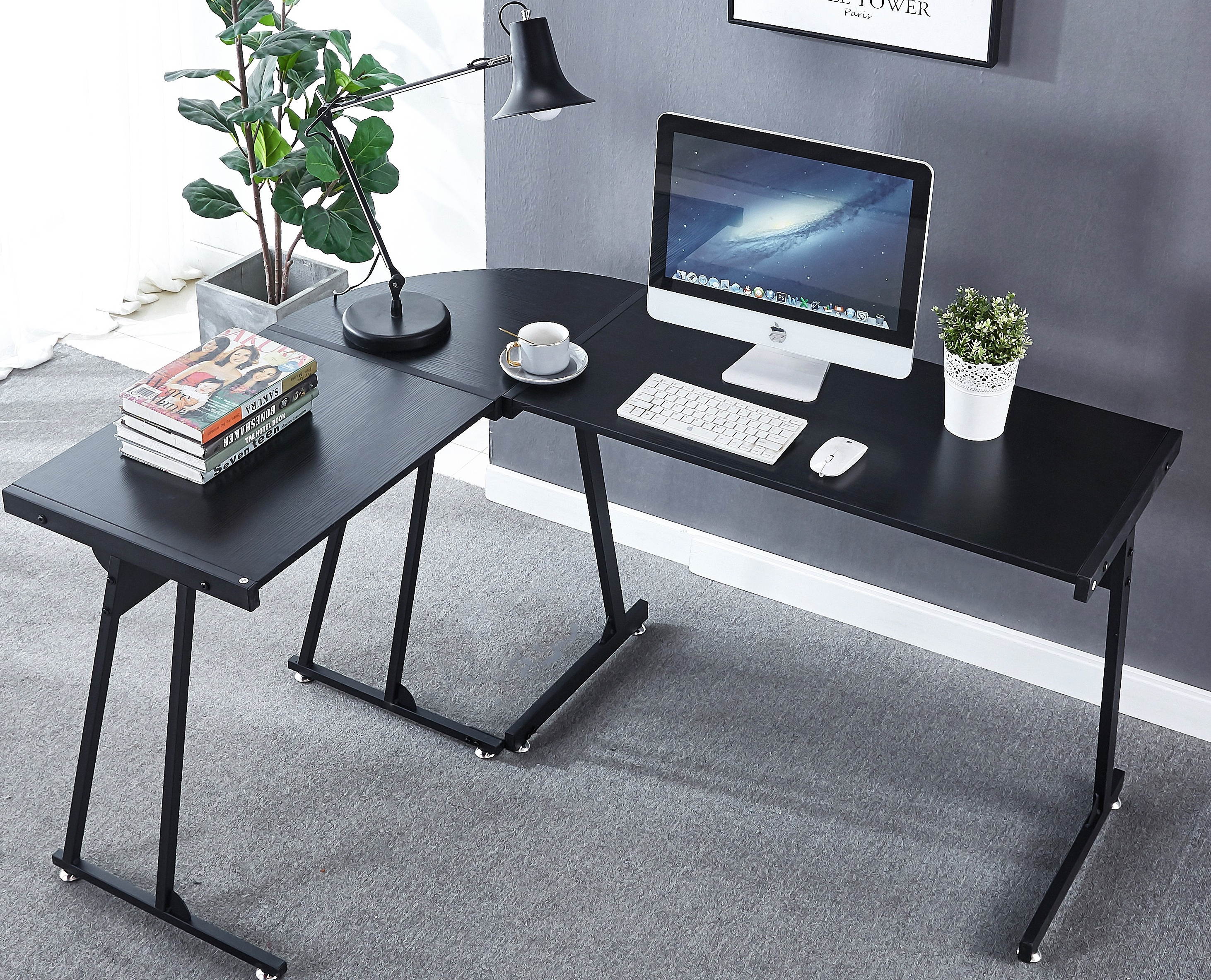 L-Shaped Computer Desk - 57.9" Home Office Corner Desk with Adjustable Keyboard Tray - Durable Black Surface Study Table for PC Laptop Gaming and Writing - with Sturdy Adjustable Steel Legs