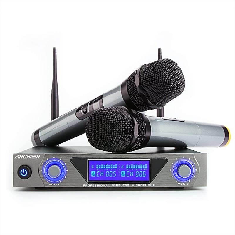 UHF Wireless Microphone System with LCD Display Dual Channel Handheld Karaoke Microphones Set for Outdoor Wedding Conference Karaoke Evening Party Singing