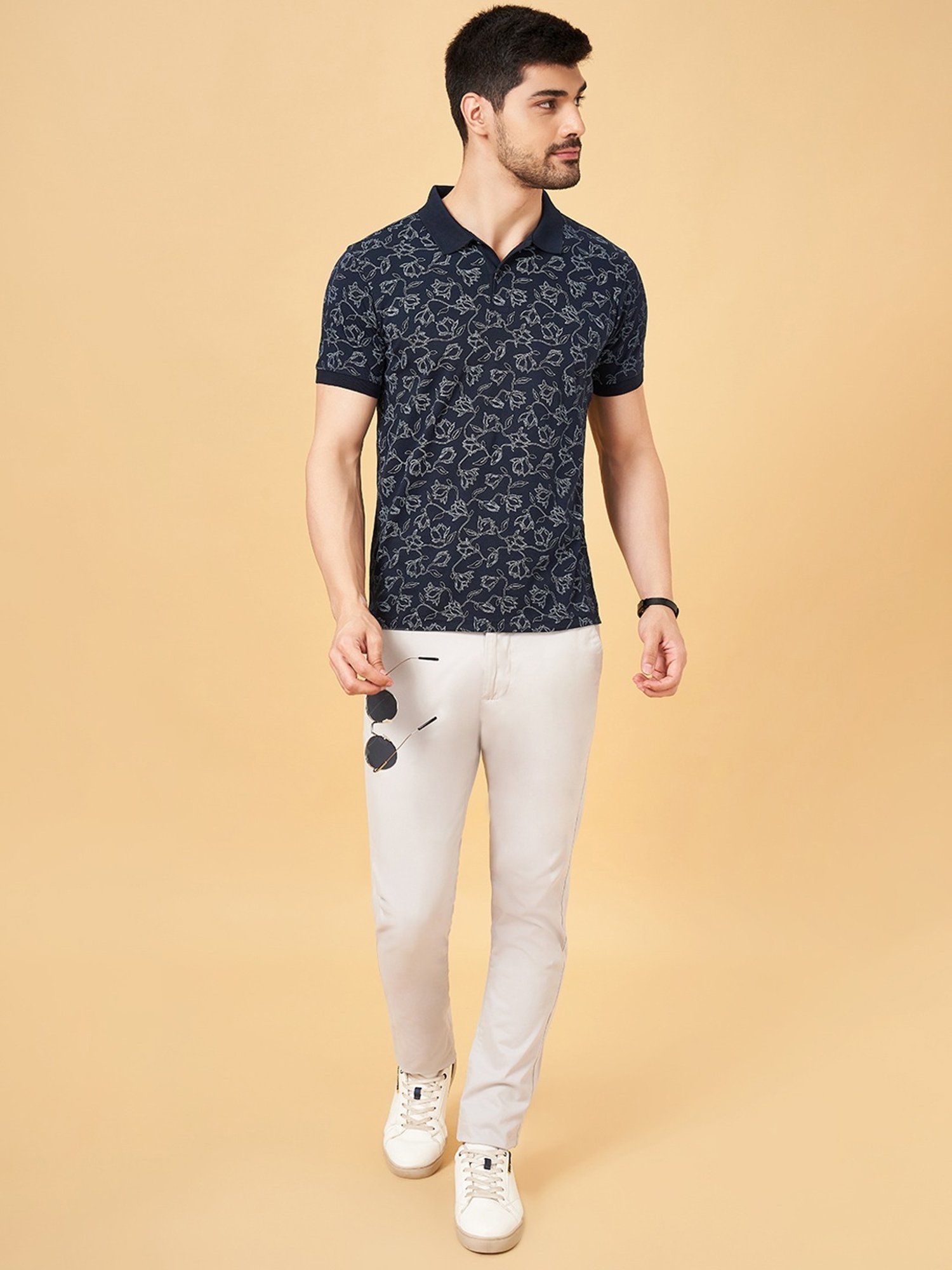 Byford By Pantaloons Navy Slim Fit Printed Polo T-Shirt