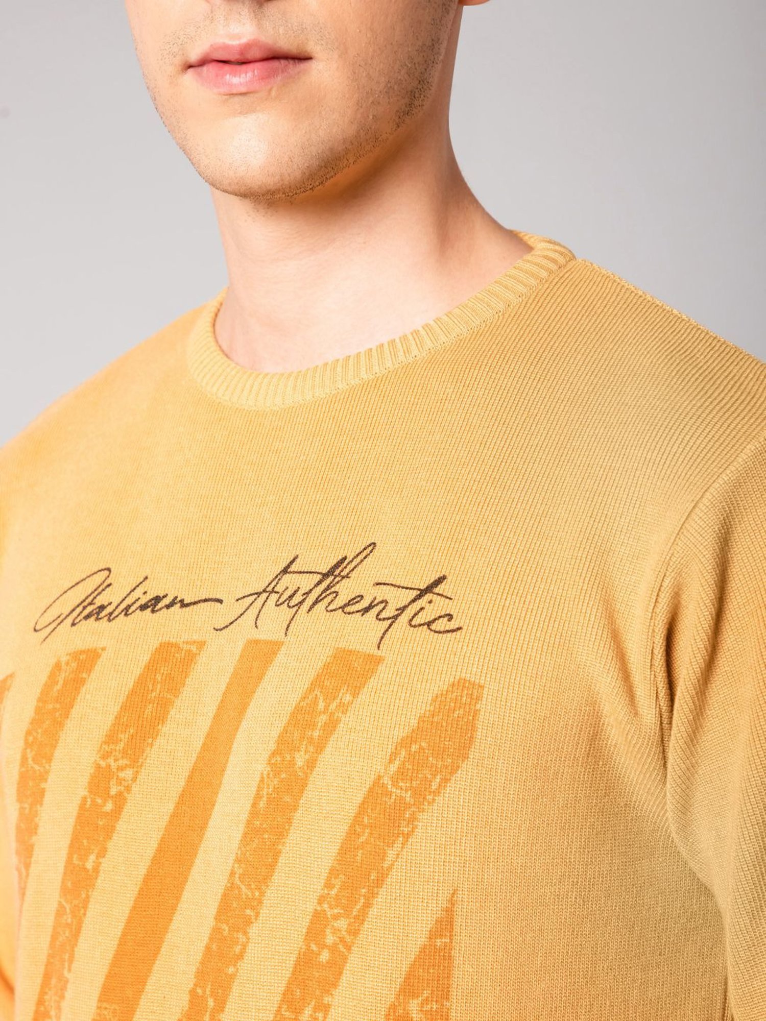 Cantabil Mustard Regular Fit Printed Sweater