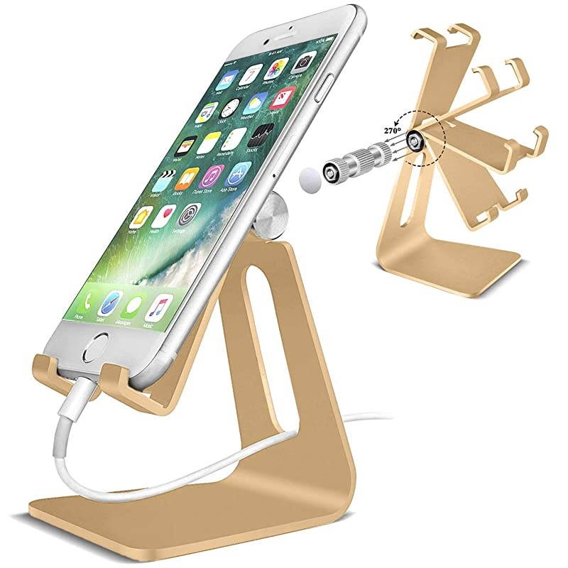 Cell Phone Stand Adjustable MultiAngle Aluminum NonSlip Dock Holder Cradle Charger Station Mount Foldable Portable Desktop Organizer Table Kitchen Room Office School Gold