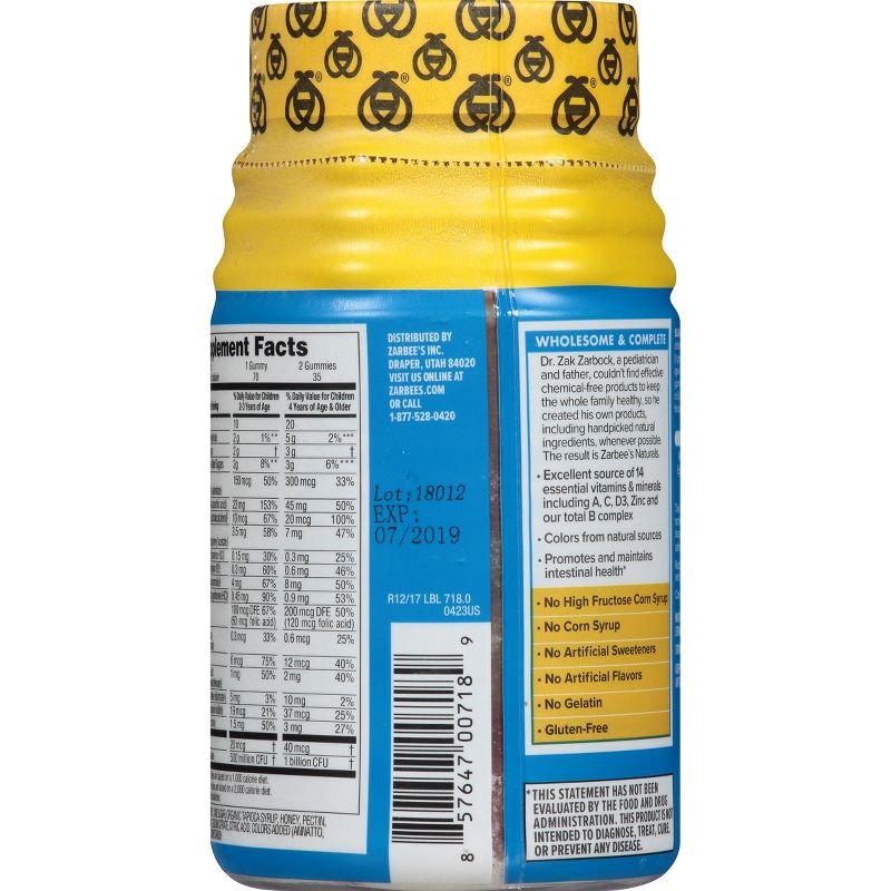 Zarbee's Naturals Children's Complete Multivitamin + Probiotic Gummies - Natural Fruit Flavor - 70ct