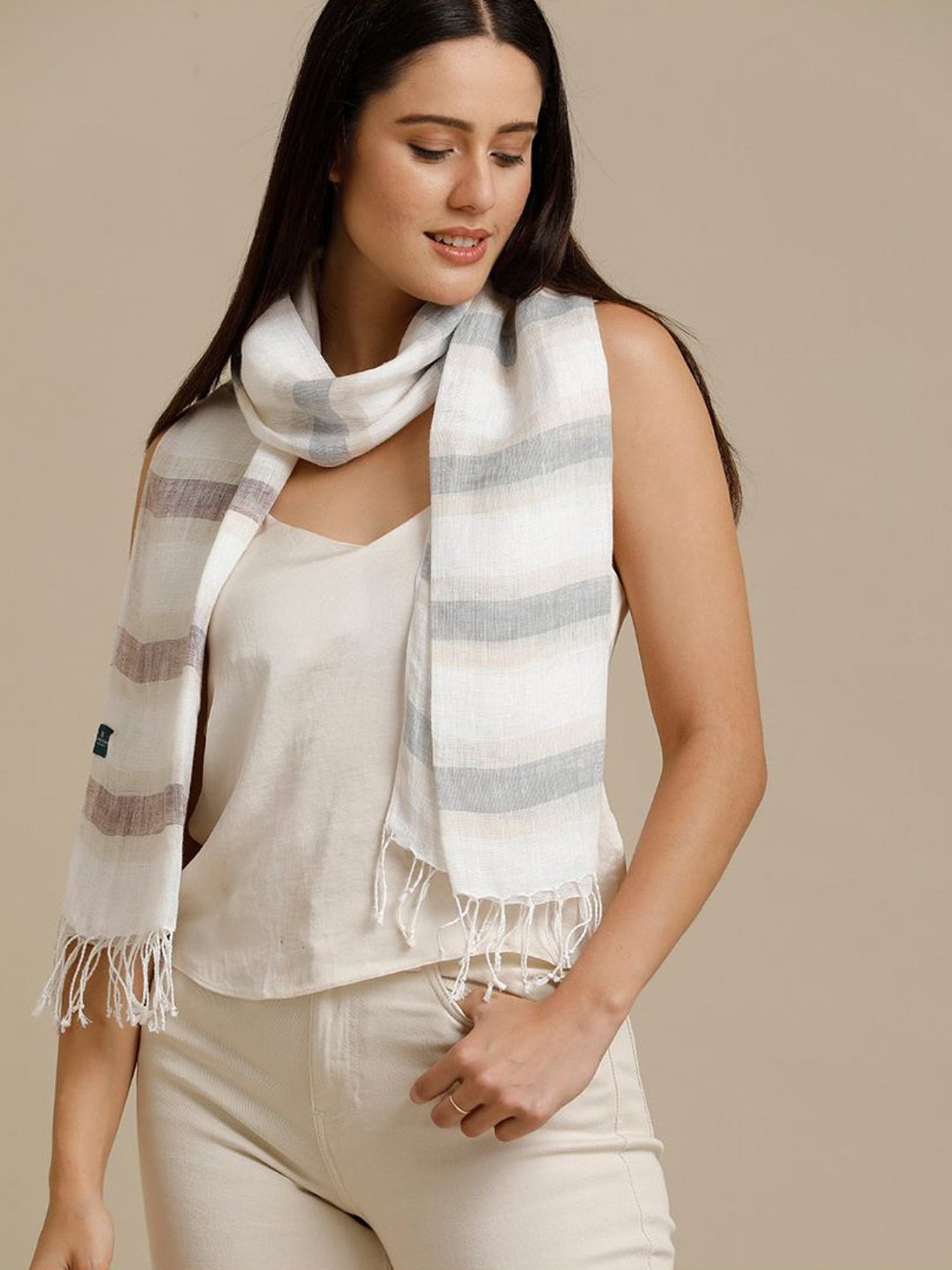 Linen Club Grey Striped Pure Linen Stole