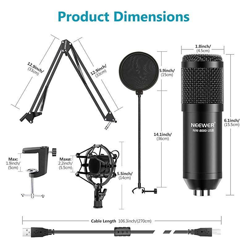 USB Microphone Kit, Plug & Play 192kHz/24-Bit Supercardioid Condenser Mic with Boom Arm and Shock Mount for YouTube Vlogging, Gaming, Podcasting, and Zoom Calls, NW-8000-USB, Black