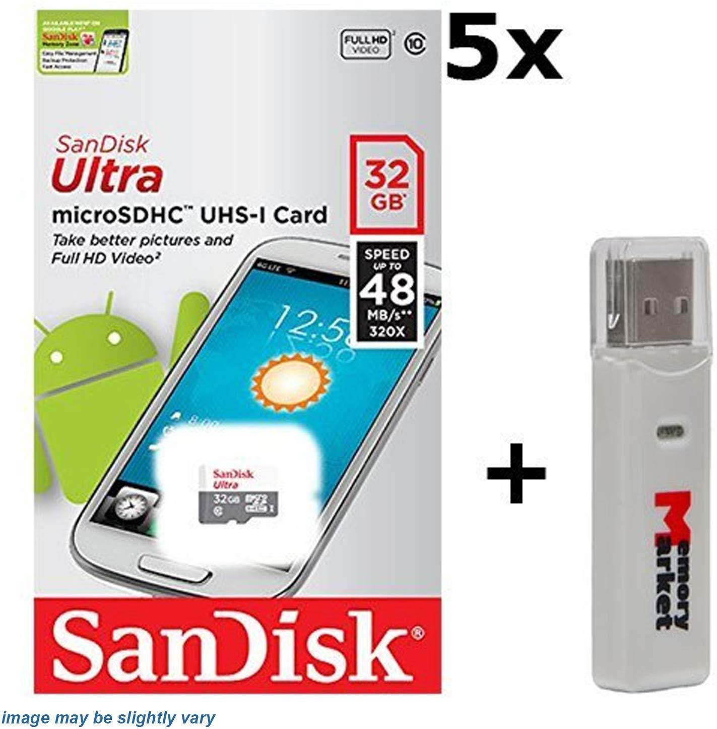 5 PACK - SanDisk Ultra 32GB UHS-I Class 10 MicroSDHC Memory Card Up to 80mb/s SDSQUNC-032G with adapter LOT OF 5 and SD Memory Card Reader