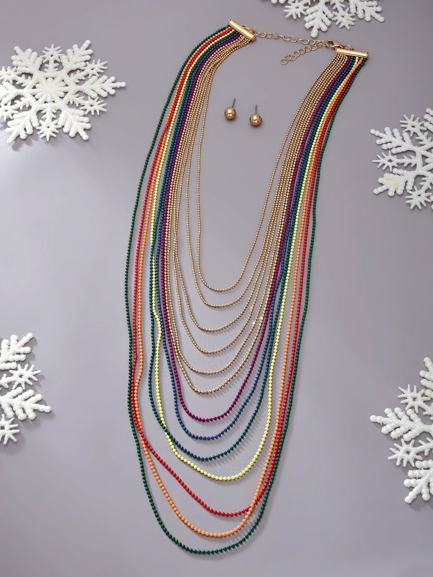 Zaveri Pearls Gold Tone Multicolor & Multi Layered Classy Contemporary Necklace & Earring Set