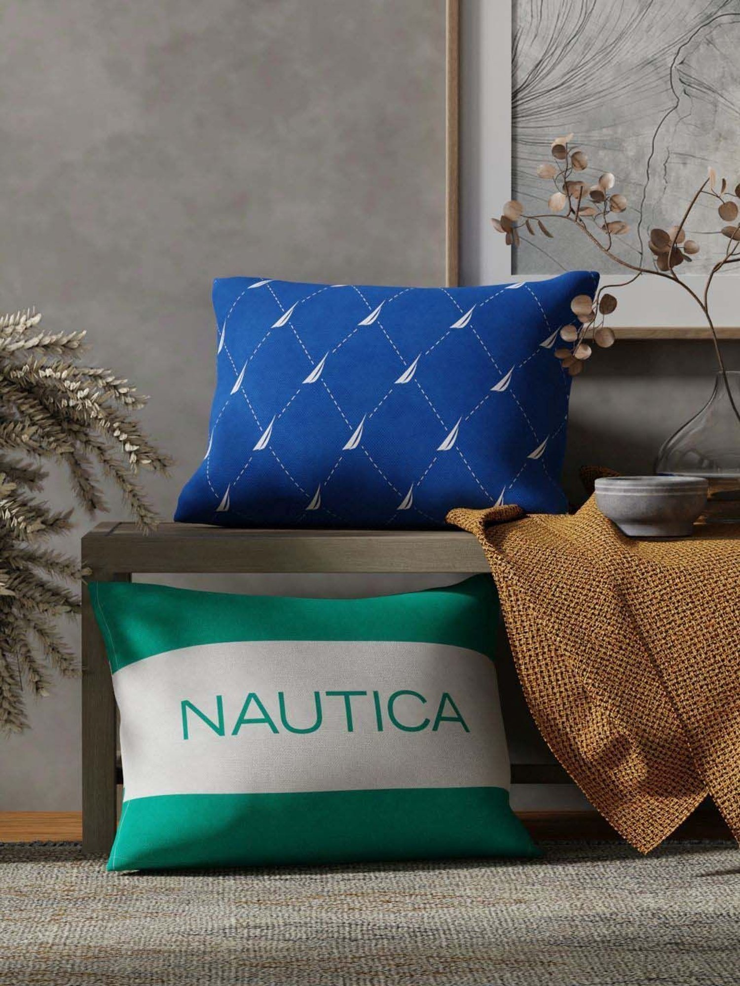 Nautica Logo Stripe Blue & Mint Microfibre 300 GSM Premium Cushion Covers - Set of 2