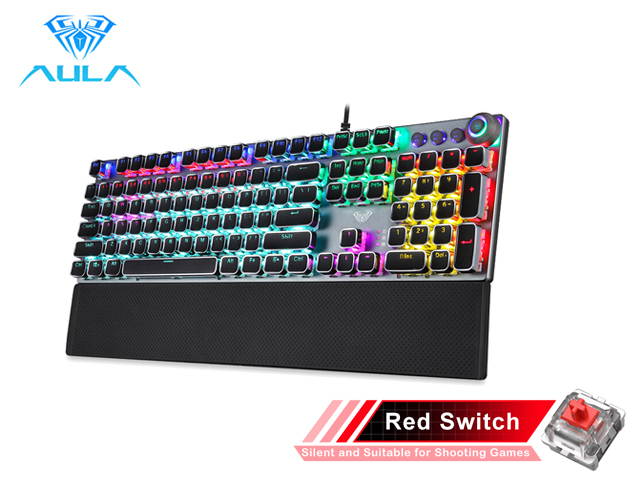 AULA F2088/F2058 Mechanical Gaming Keyboard Detachable wrist rest Multimedia Knob, 104 Keys Anti-ghosting Marco Programming metal panel LED Backlit keyboard for PC Gamer (Punk keycap)