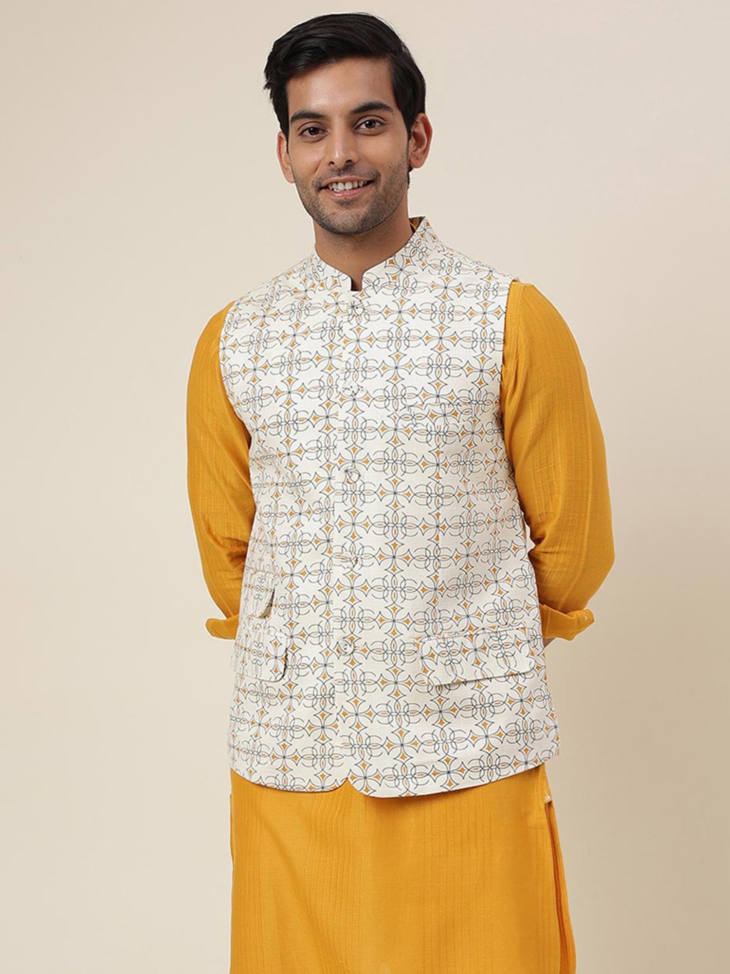FabBasics by Fabindia Off White Slim Fit Printed Nehru Jacket