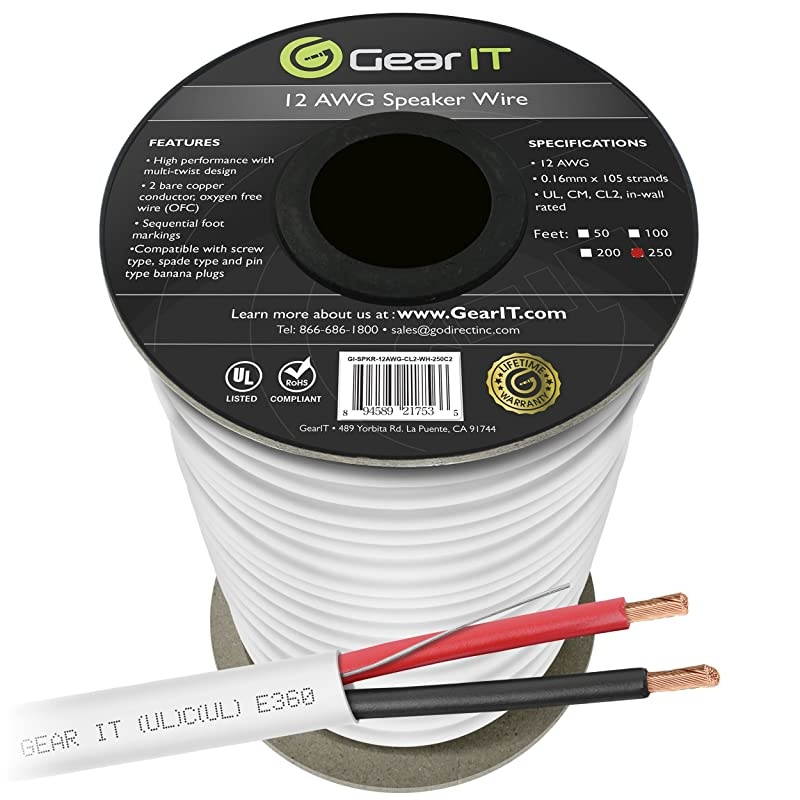12 AWG CL2 OFC in Wall Speaker Wire  Pro Series 12 AWG Gauge 250 Feet 762 MetersWhite OFC Oxygen Free Copper UL CL2 Rated inWall Speaker Wire Cable for Home Theater and Car Audio