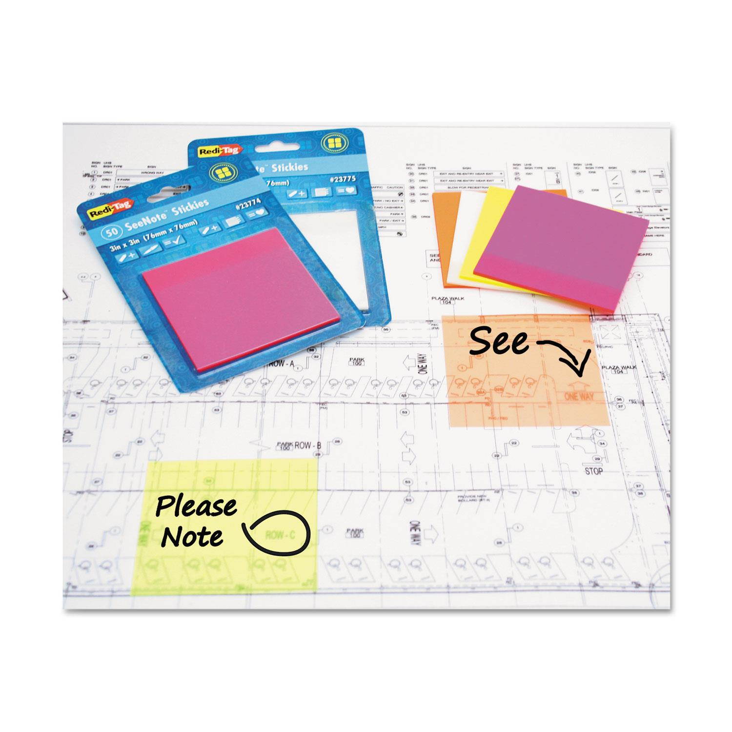 Redi-Tag Transparent Film Sticky Notes 3 x 3 Neon Yellow 50-Sheets/Pad 23772