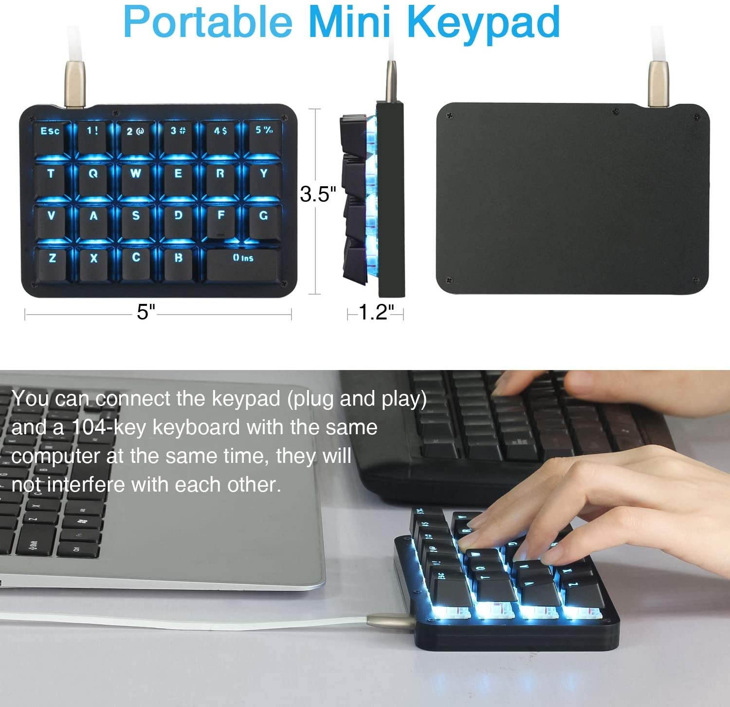Koolertron One Handed Macro Mechanical Keyboard, Blue LED Backlit Portable Mini One-Handed Mechanical Gaming Keypad 23 Fully Programmable Keys Red Switches (Blue Backlit/Red switches)