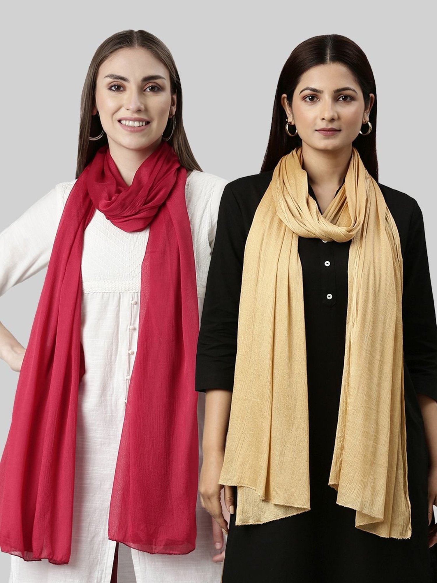 TWIN BIRDS Red & Golden Plain Dupatta - Pack Of 2