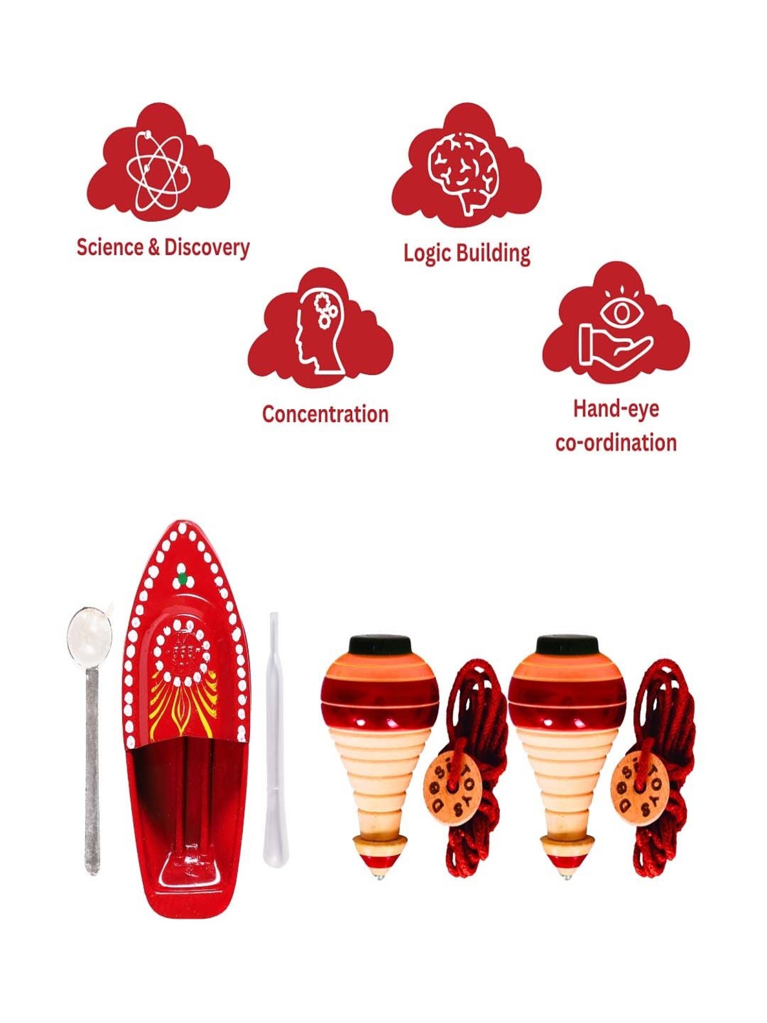 Desi Toys Kids Multicolor Wooden Steam Boat & Spinning Top Set