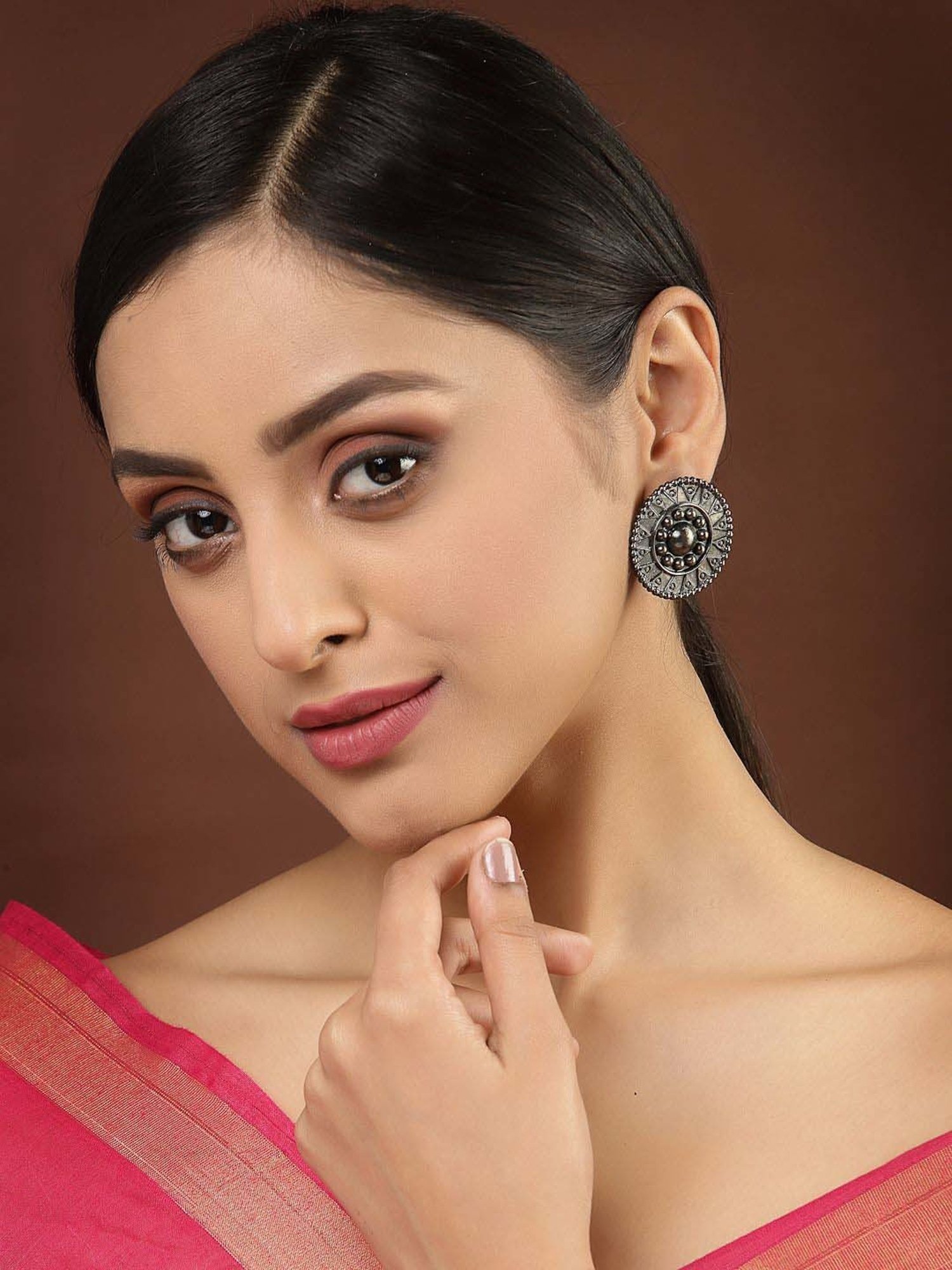 Panash Silver-Toned Oxidized Circular Stud Earrings