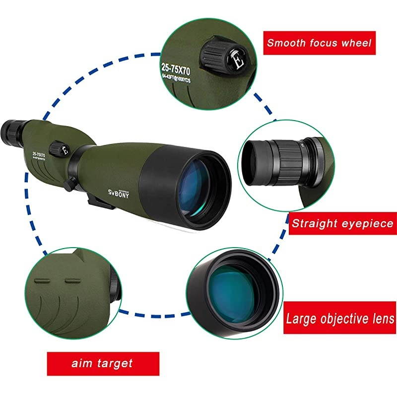 SV17 Spotting Scope Straight 2575x70mm Zoom Telescope Bak4 Waterproof for Bird Watching Wildlife Viewing Archery Range with Soft Case