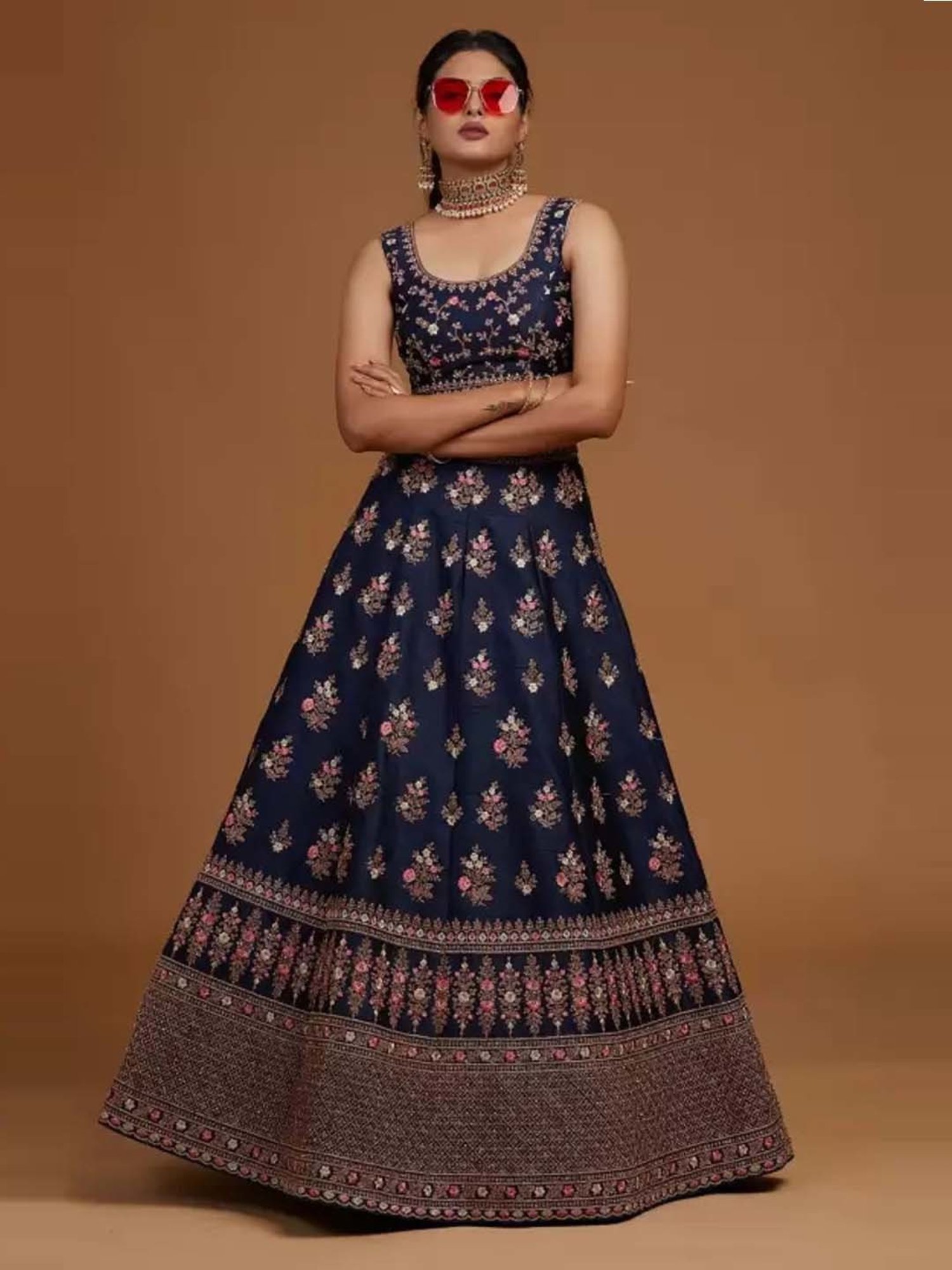 APNISHA Blue Embroidered Semi Stitched Lehenga Choli Set With Dupatta
