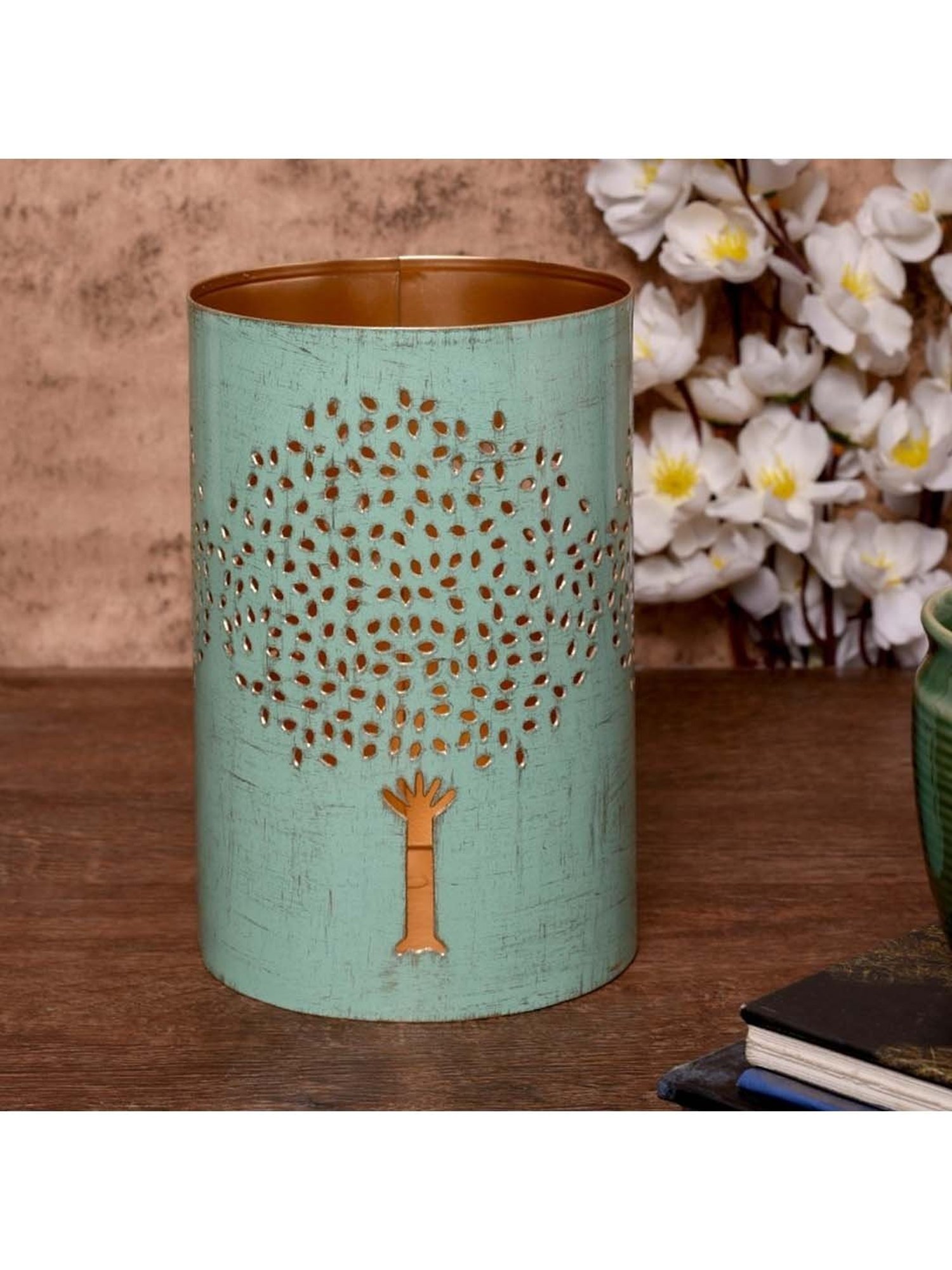 Unravel India Pastel Blue Metal Tree of Life Tea Light Holder - Set of 1