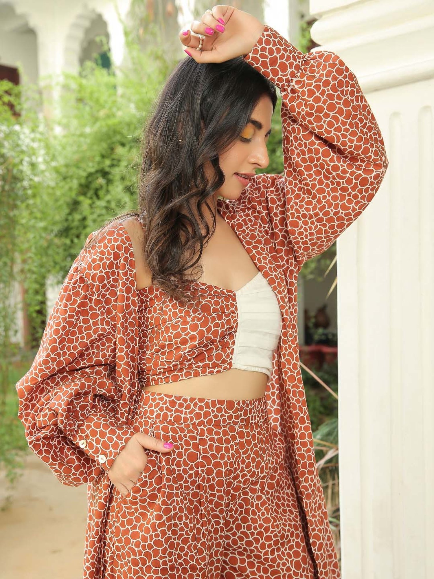 KAORI BY SHREYA AGARWAL Brown Cotton Printed Crop Top & Palazzo Set With Cape