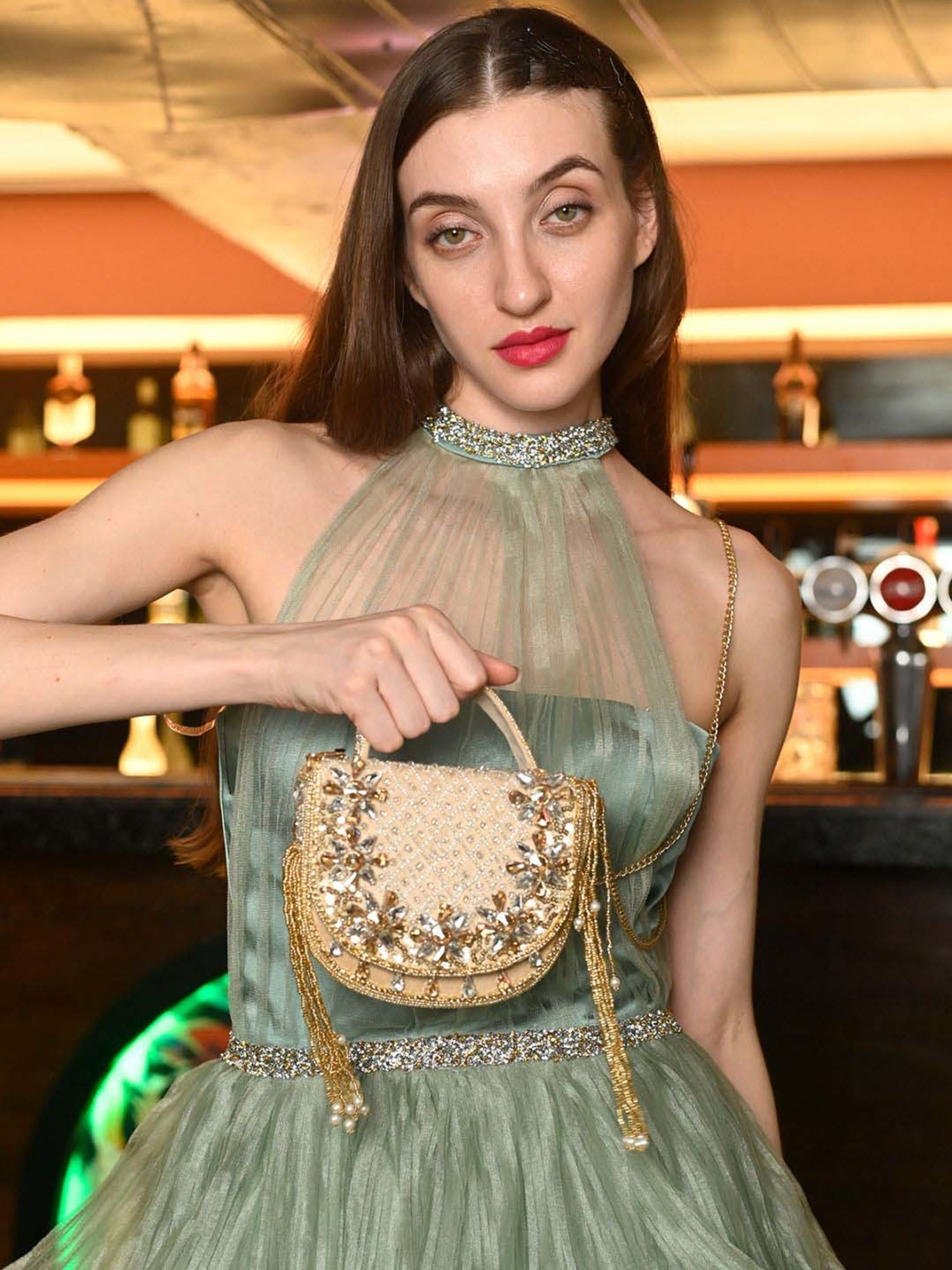 Odette Beige Embellished Handbag