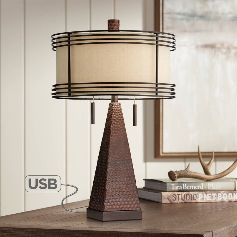 Franklin Iron Works Industrial Table Lamp with USB Charging Port Rustic Hammered Bronze Double Shade for Living Room Bedroom Bedside Family