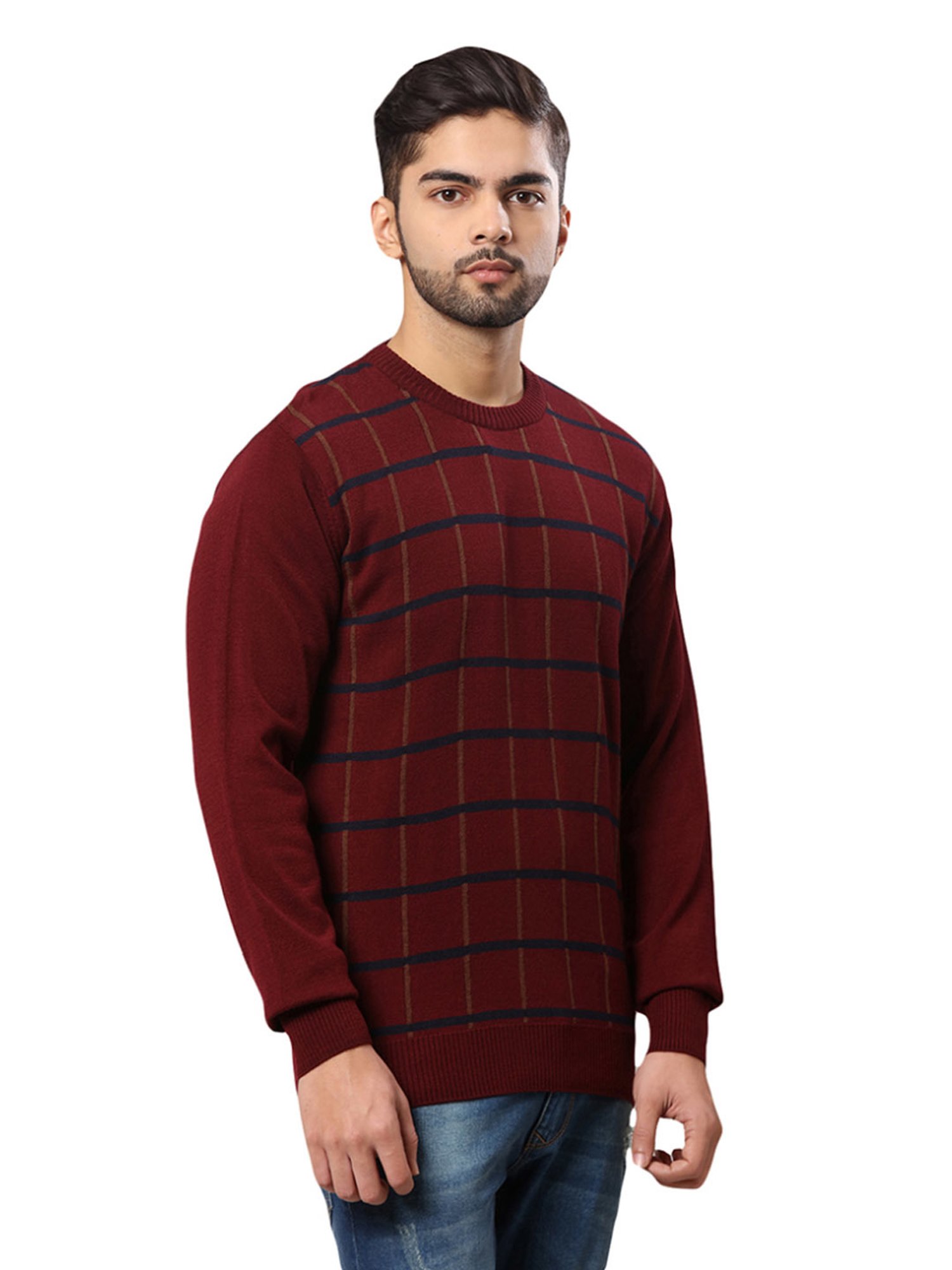 Raymond Maroon Regular Fit Checks Sweater