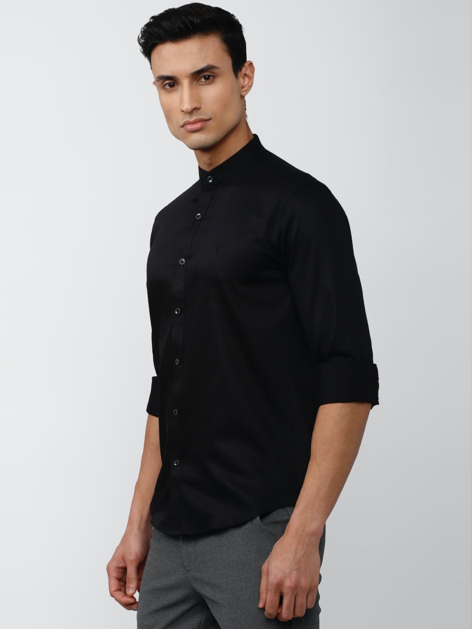 V Dot Black Cotton Slim Fit Shirt